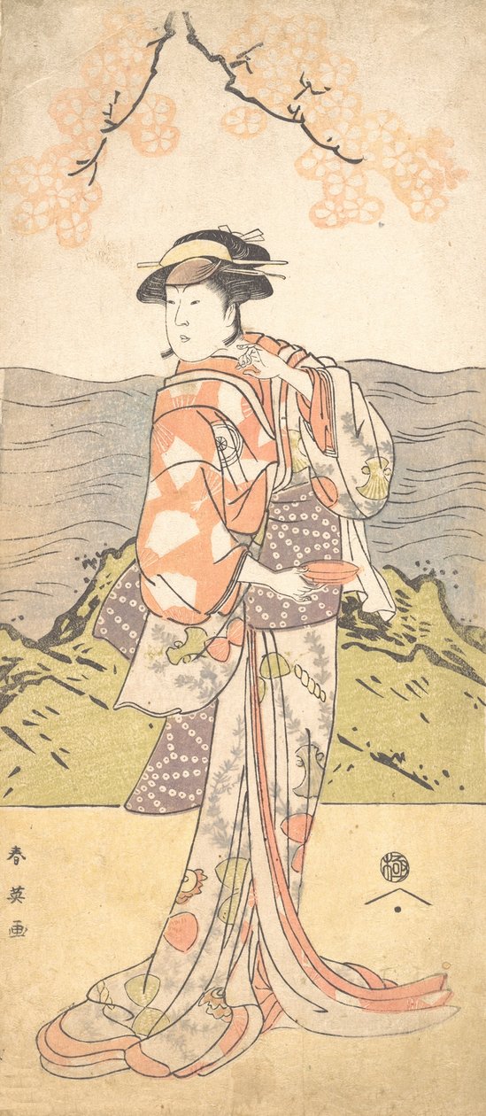 Den fjerde Iwai Hanshiro som en kvinde, der står under et kirsebærtræ, ca. 1792 af Katsukawa Shun