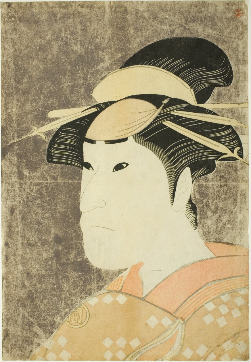 Skuespilleren Sanogawa Ichimatsu III som den Gion-prostituerede Onayo i stykket "Hana-ayame Bunroku Soga", der blev opført på Miyako-teatret i den femte måned i 1794. af Katsukawa Shun