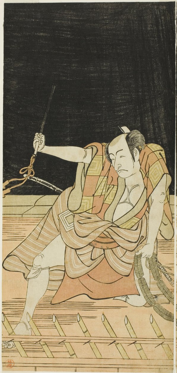 Skuespillerne Nakamura Nakazô I som Danshichi Kurobei og Ichikawa Danjûrô V som Issun Tokubei i "Mirror of Osaka in the SummerFestival" ("Natsu MatsuriNaniwa Kagami") af Katsukawa Shunkо̄
