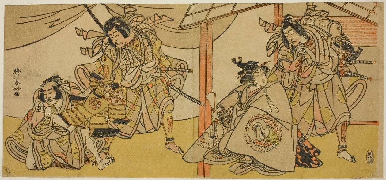Højre side: Skuespillerne Bando Hikosaburo III som Soga no Goro (til højre) og Segawa Kikunojo IV som Onna Asahina (til venstre) i stykket Ume-goyomi Akebono Soga; Venstre side: Skuespillerne Onoe Matsusuke I som Furugori Shinzaemon (til venstre) og Ichika af Katsukawa Shunkо̄