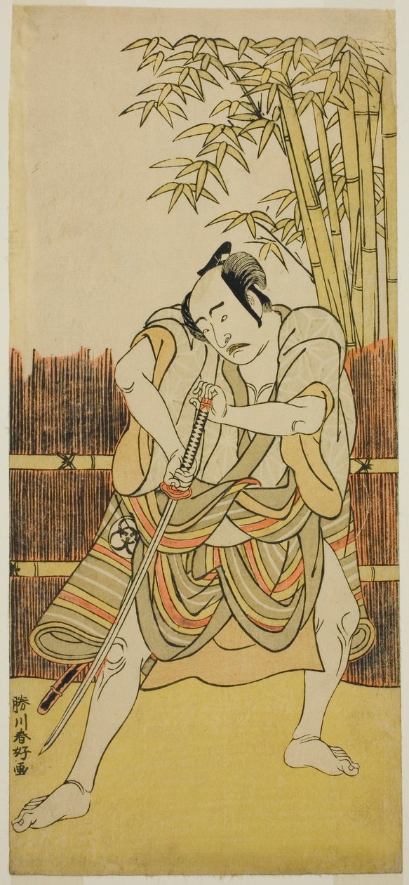Skuespilleren Bando Mitsugoro I som Ogata no Saburo forklædt som Yoroya Takiemon i stykket Mure Takamatsu Yuki no Shirahata, opført på Ichimura-teatret i den ellevte måned, 1780 af Katsukawa Shunkо̄