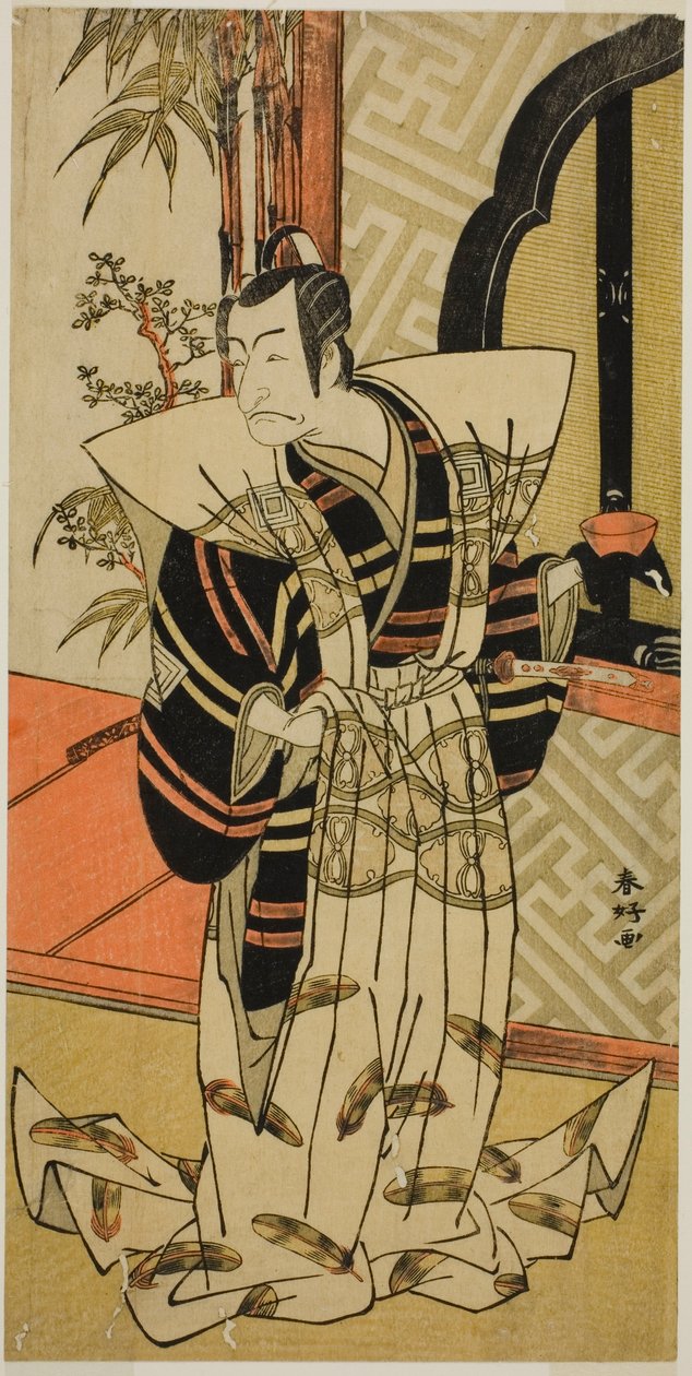 Skuespilleren Ichikawa Danjuro V som Kajiwara Heiji () i skuespillet Hiragana Seisuiki (), opført på Morita-teatret () i den tredje måned, 1776 () af Katsukawa Shunkо̄