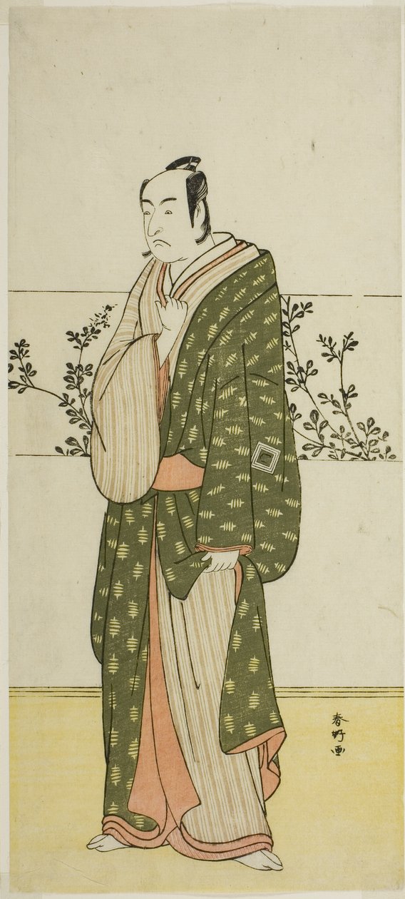 Skuespilleren Ichikawa Monnosuke II, muligvis som Matsuya Soshichi, i skuespillet Chiyo no Hajime Ondo no Seto (Evighedens begyndelse: Ondostrædet i Seto-indlandshavet) (), opført på Kiri-teatret fra den syvogtyvende dag i den syvende måned, 1 af Katsukawa Shunkо̄