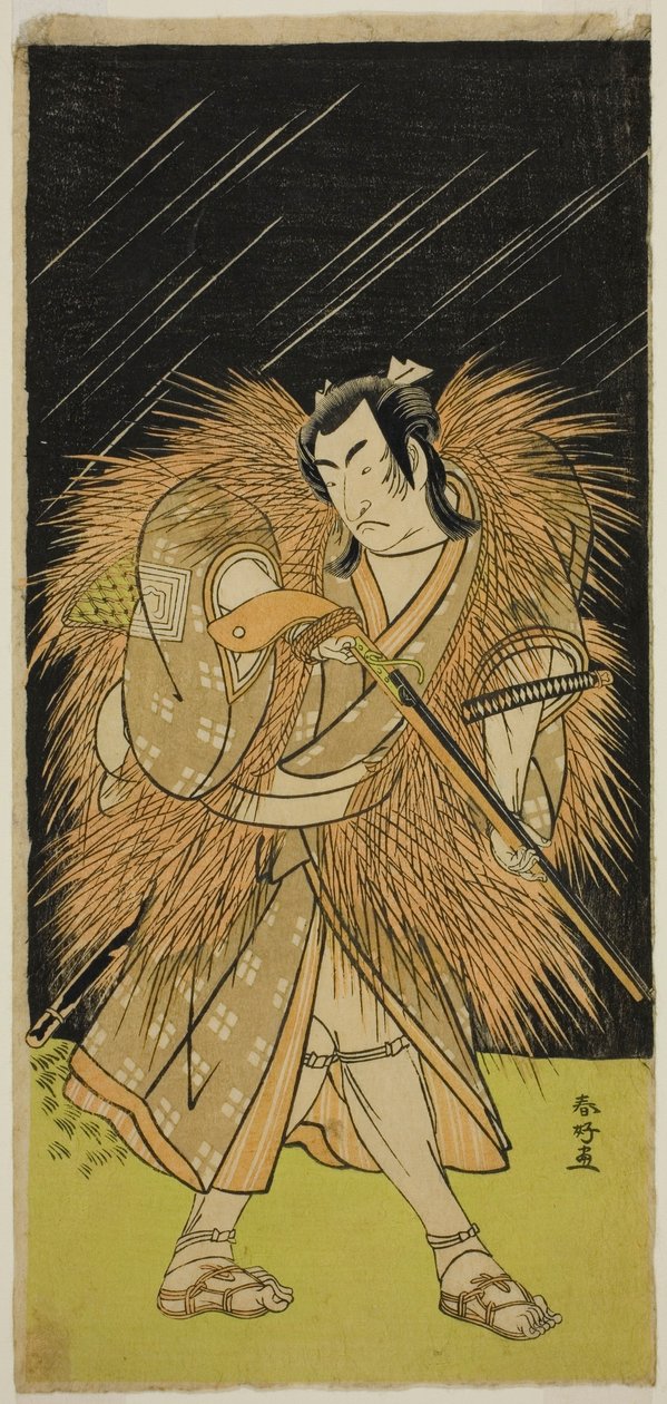 Skuespilleren Ichikawa Monnosuke II som Hayano Kampei i skuespillet Kanadehon Chushin Najori no Kura, opført på Nakamura-teatret i den niende måned, 1780 af Katsukawa Shunkо̄