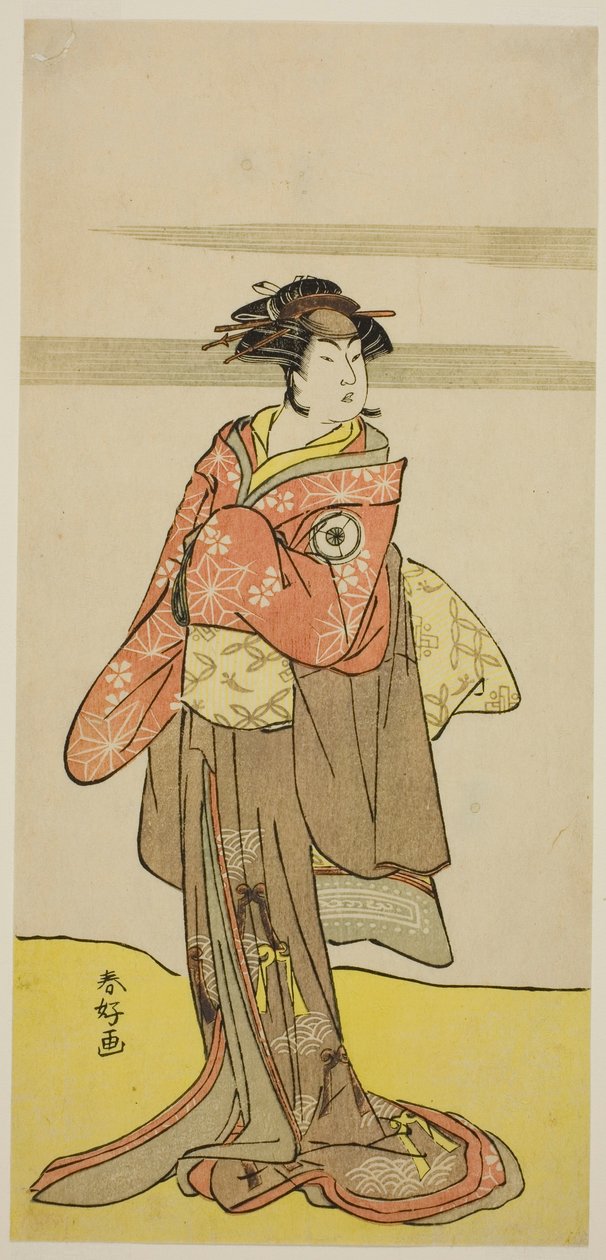 Skuespilleren Iwai Hanshiro IV som Hitomaru forklædt som geishaen Oshun i stykket Edo no Hana Mimasu Soga, opført på Nakamura-teatret i den tredje måned, 1783 af Katsukawa Shunkо̄