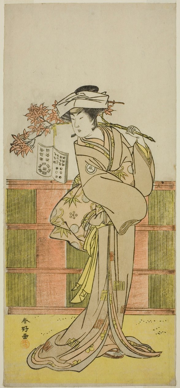 Skuespilleren Iwai Hanshiro IV som Umegae forklædt som den kvindelige spåkone Omatsu i stykket Mukashi Otoko Yuki no Hinagata, opført på Ichimura-teatret i den ellevte måned, 1781 af Katsukawa Shunkо̄