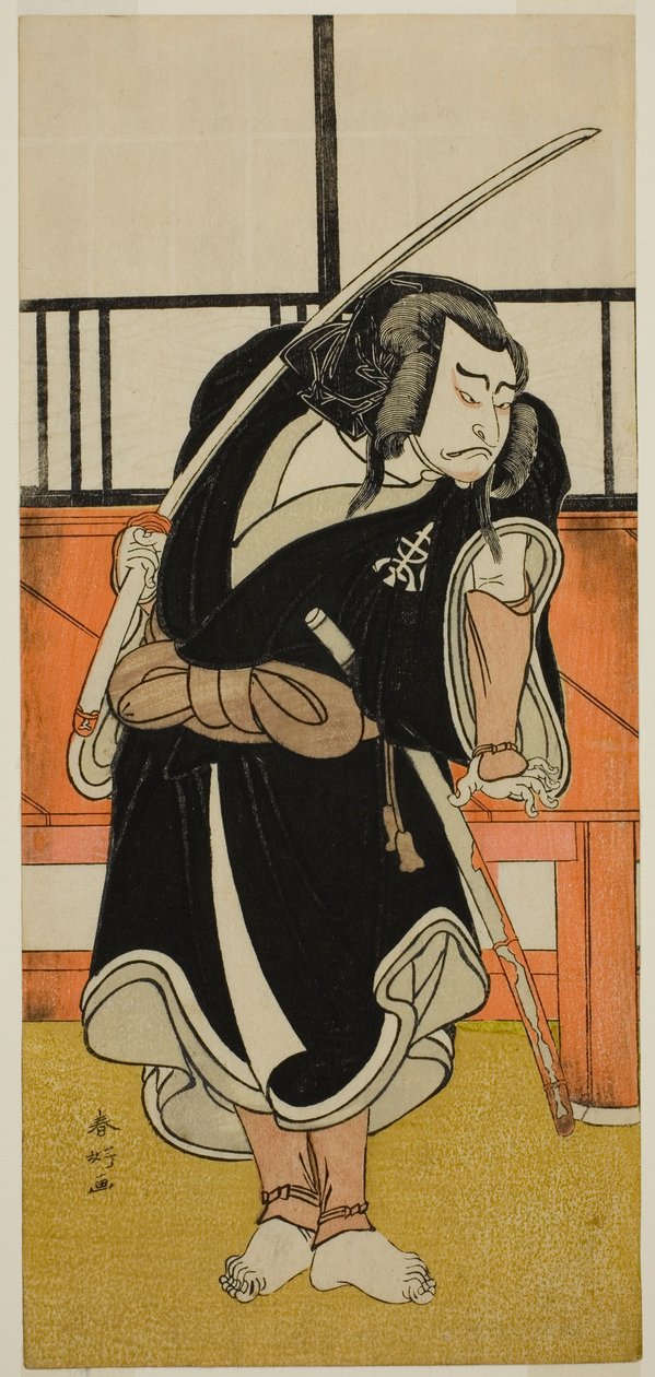 Skuespilleren Nakamura Nakazo I som Aso no Matsuwaka () i stykket Iro Moyo Aoyagi Soga (), opført på Nakamura-teatret () i den anden måned, 1775 () af Katsukawa Shunkо̄