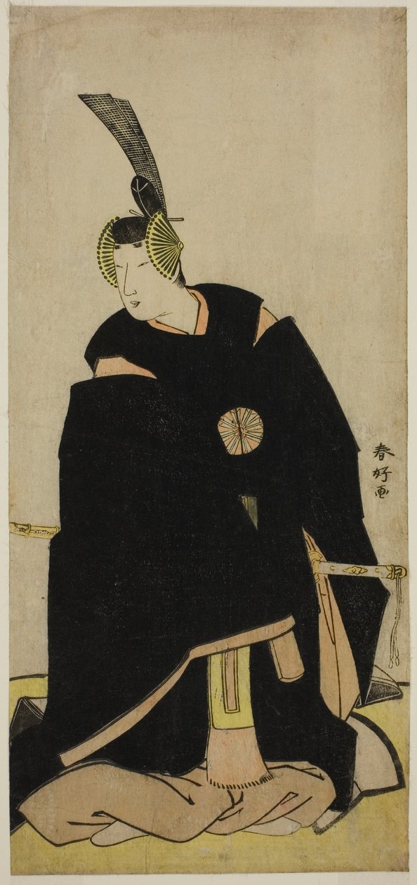 Skuespilleren Nakamura Tomijuro I som Taira no Masakado forklædt som Otomo no Kuronushi () eller Sugawara Micihizane () i skuespillet Shida Yuzuriha Horai Soga () eller Sugawara Denju Tenarai Kagami (), opført på Morita-teatret () i første eller femte måne af Katsukawa Shunkо̄