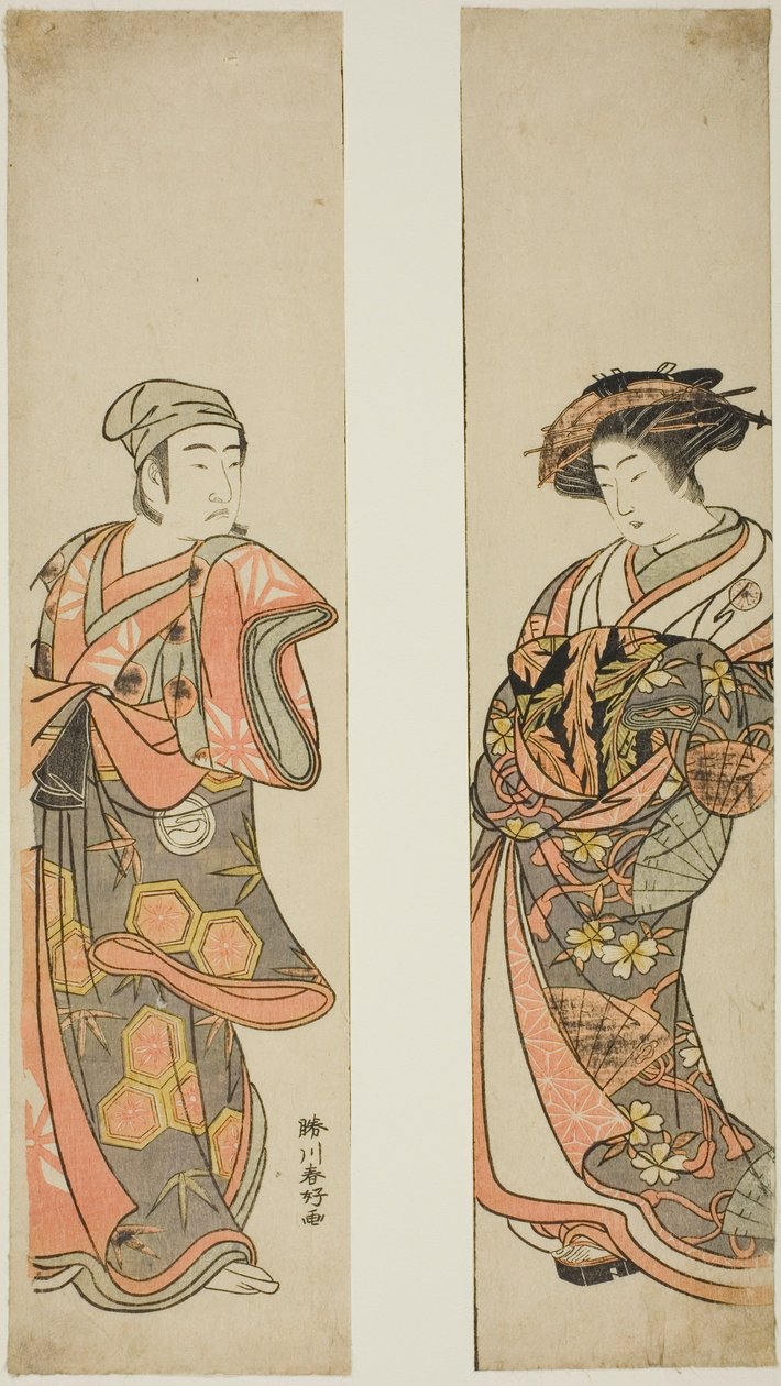 Skuespilleren Nakamura Tomijuro I som kurtisane (til højre) og Sawamura Sojuro III som Oyamada Taro () forklædt som Tarosaku fra Oyamada Village (til venstre) i stykket "Azuma no Mori Sakae Kusunoki", der blev opført på Ichimura-teatret i den 11. måned 177 af Katsukawa Shunkо̄