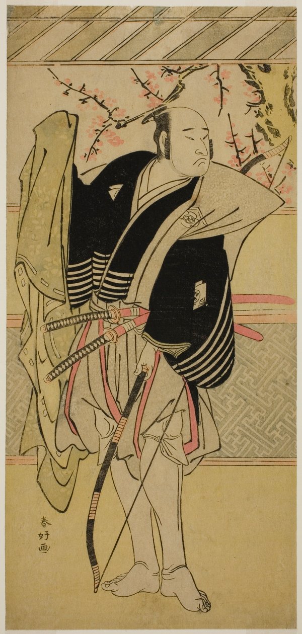 Skuespilleren Onoe Matsusuke I som Yawata no Saburo () i skuespillet Edo no Hana Mimasu Soga (), opført på Nakamura-teatret () i den første måned, 1783 () af Katsukawa Shunkо̄