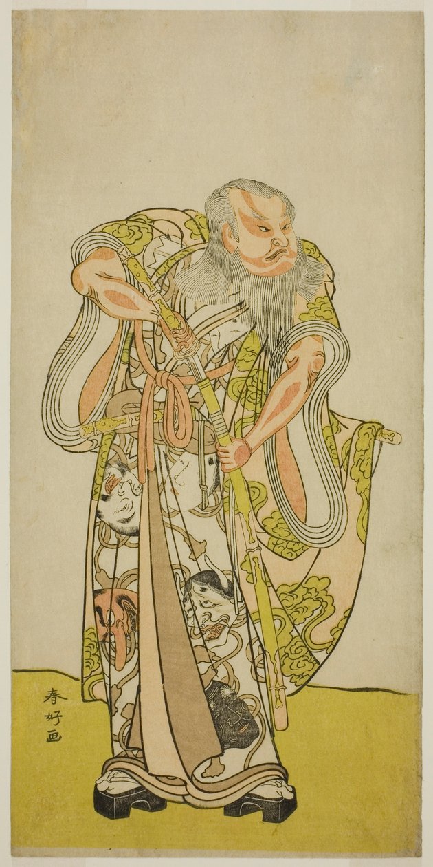 Skuespilleren Sakata Hangoro II som Hige no Ikyu i stykket Shida Yakata Yotsugi no Hikibune, opført på Ichimura-teatret i den femte måned, 1782 af Katsukawa Shunkо̄