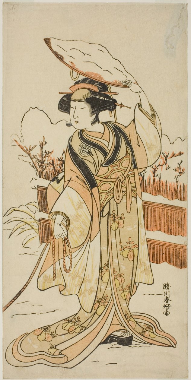 Skuespilleren Yoshizawa Ayame IV som Yadorigi, søster til Nikaido Shinanosuke, forklædt som Orie, hustru til Aoto Magosaburo, i anden del af stykket Motomishi Yuki Sakae Hachi no Ki (Looking up at Falling Snow: Thriving Potted Trees), opført på Naka af Katsukawa Shunkо̄