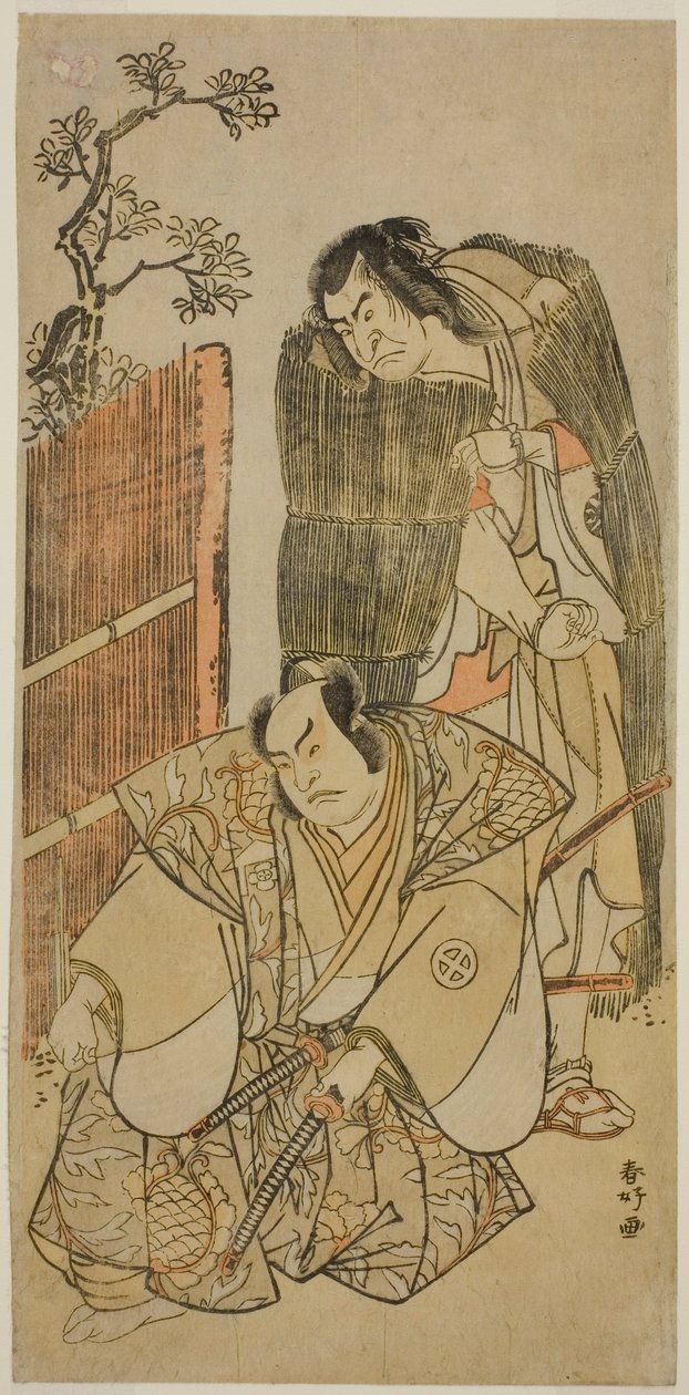 Skuespillerne Nakamura Nakazo I som Kagekiyo klædt ud som tigger (til højre) og Otani Hiroji III som Onio Shinzaemon (til venstre) i stykket Kotobuki Banzei Soga, opført på Ichimura-teatret i den tredje måned, 1783 af Katsukawa Shunkо̄