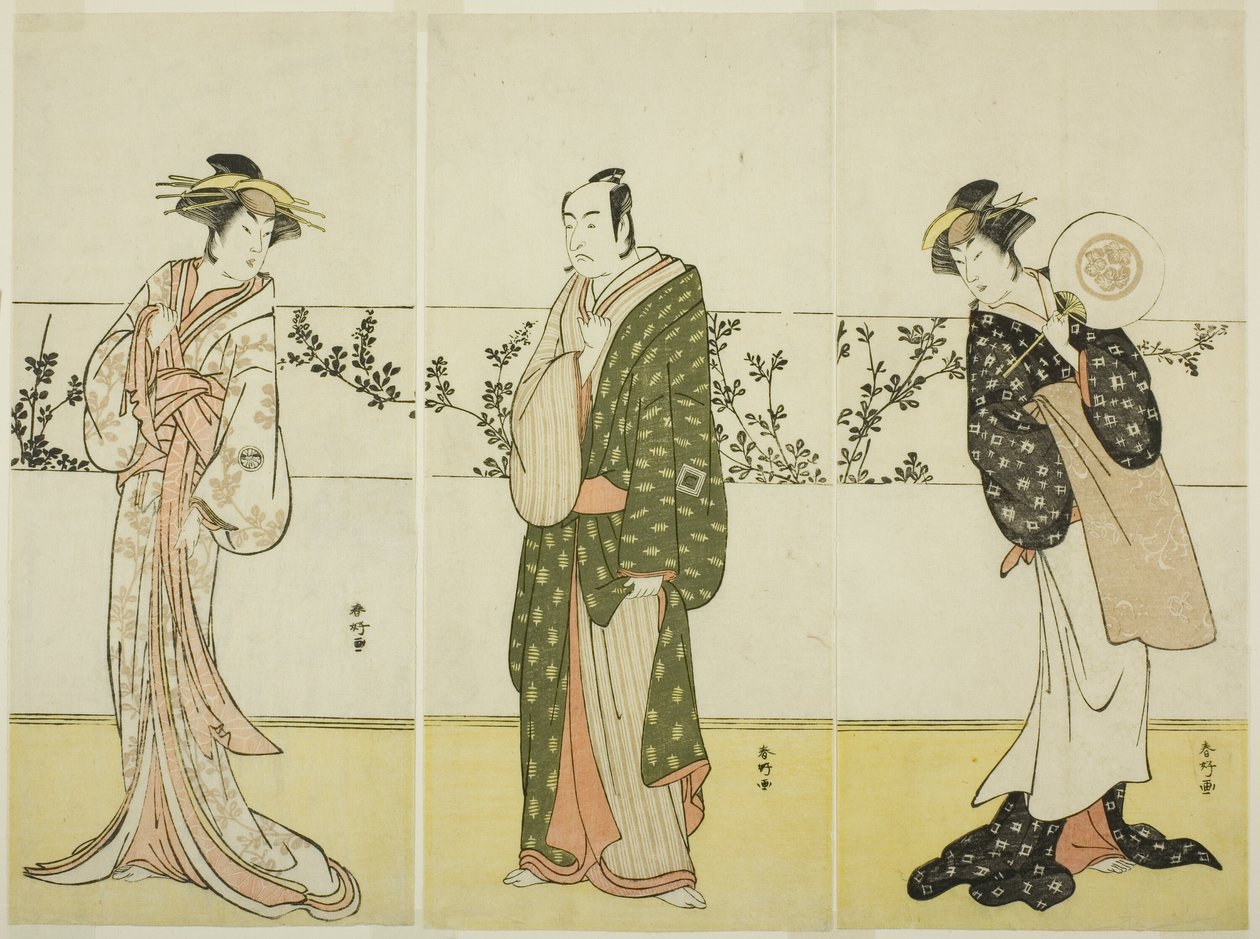 Skuespillerne Osagawa Tsuneyo II (til højre), Ichikawa Monnosuke II (i midten) og Segawa Kikunojo III (til venstre), muligvis som Misao Gozen, Matsuya Soshichi og kurtisanen Kojoro fra Hakata i stykket Chiyo no Hajime Ondo no Seto (Evighedens begyndelse: T af Katsukawa Shunkо̄