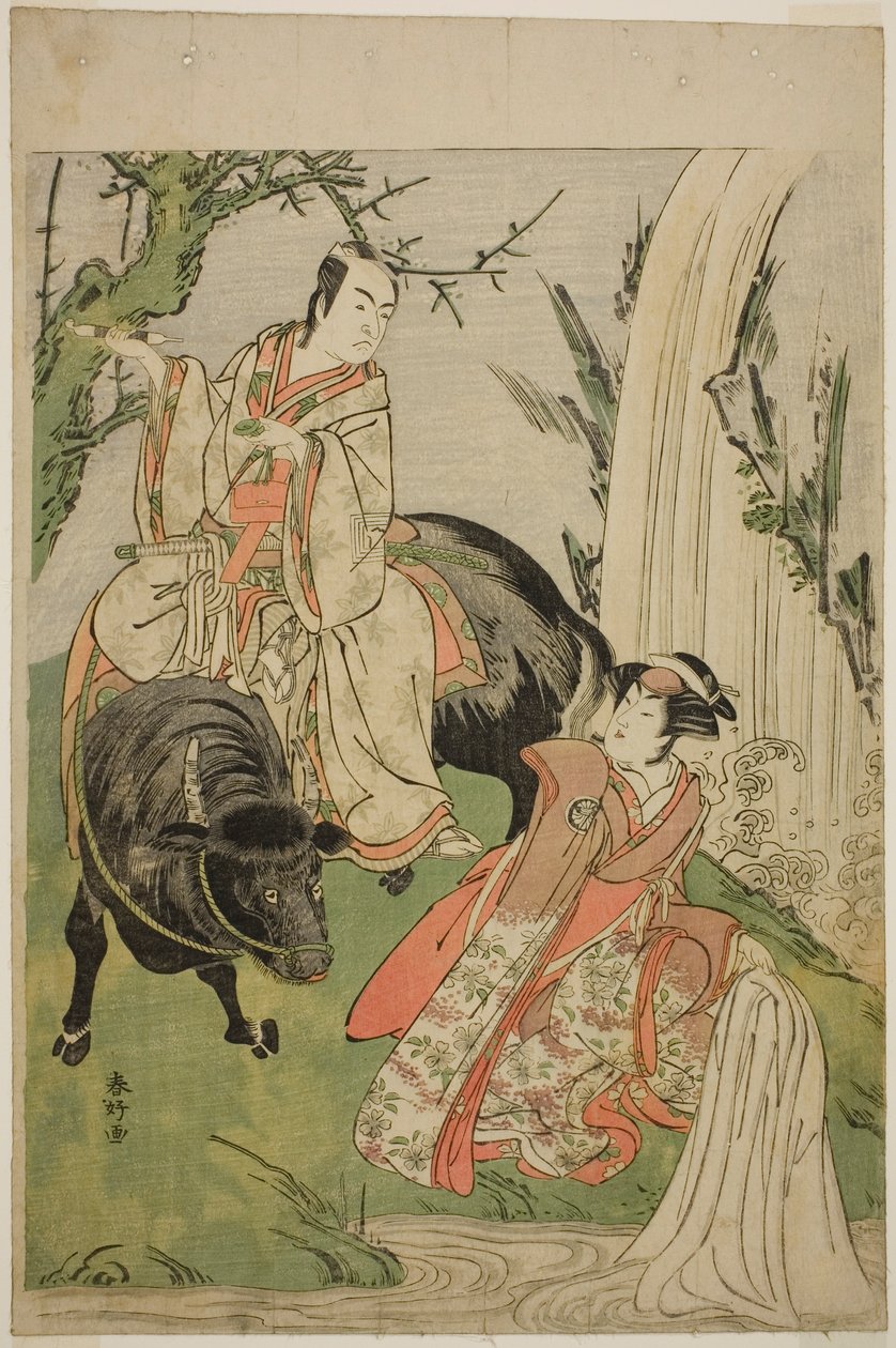Skuespillerne Segawa Kikunojo III som prinsesse Hatsune (Hatsune Hime) (til højre) og Ichikawa Monnosuke II som Miyukinosuke Yukinari i skuespillet Otokoyama Furisode Genji, opført på Kiri-teatret i den ellevte måned, 1785. af Katsukawa Shunkо̄