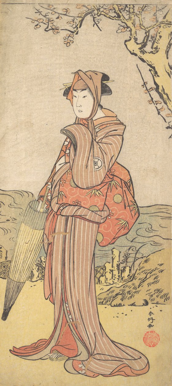 Iwai Kiyotaro som en kvinde, der står under et blommetræ, ca. 1788. af Katsukawa Shunko