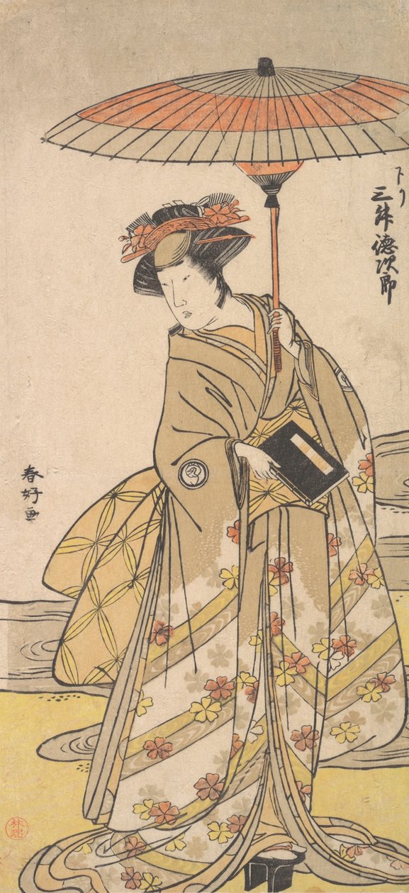 Mimasu Tokujuro som en kvinde, der står nær en snoet strøm, ca. 1780. af Katsukawa Shunko