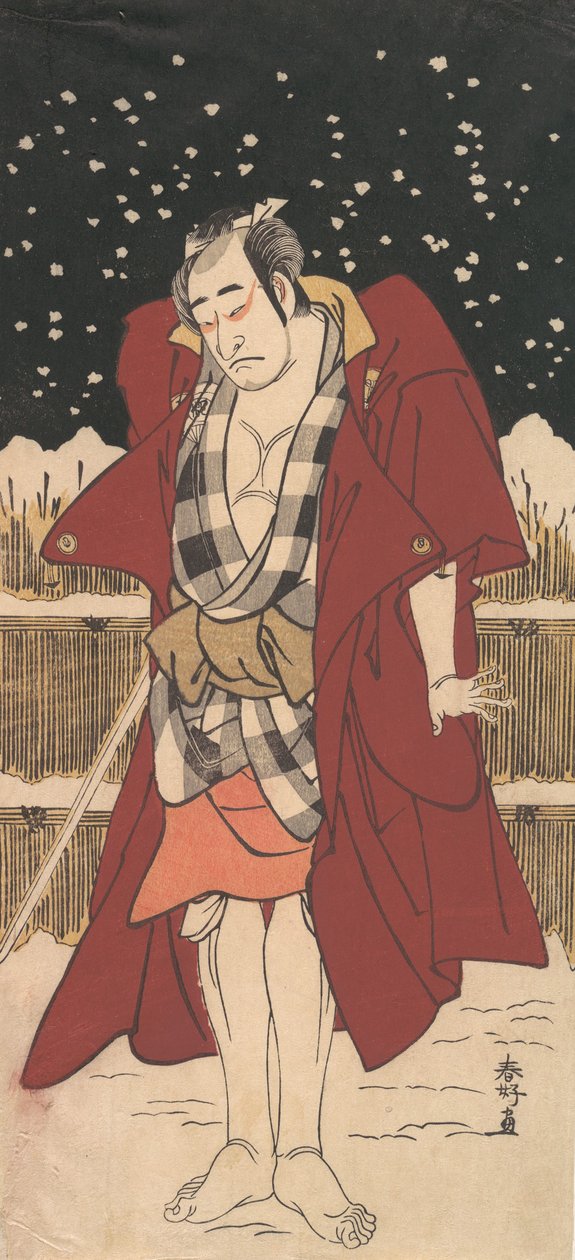 Onoe Matsusuke som mand bevæbnet med et sværd, stående i sne foran et hegn, 1786. af Katsukawa Shunko