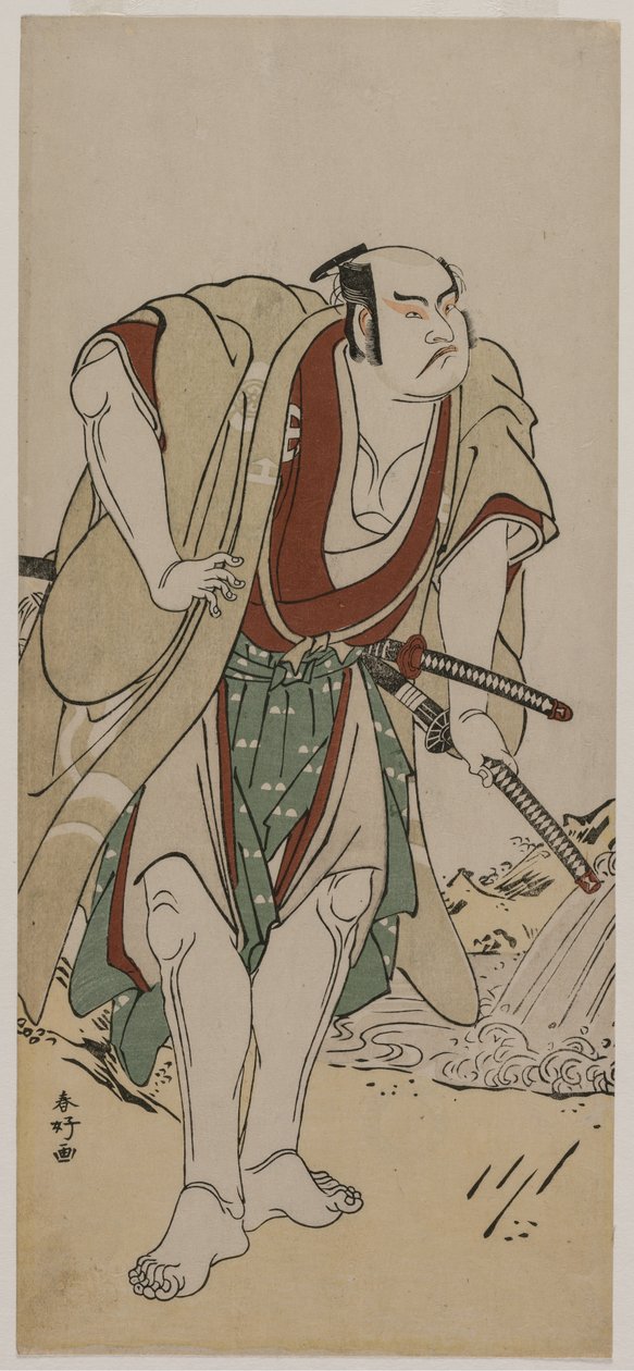 Otani Hiroji III som en samurai, der står ved siden af en å af Katsukawa Shunko