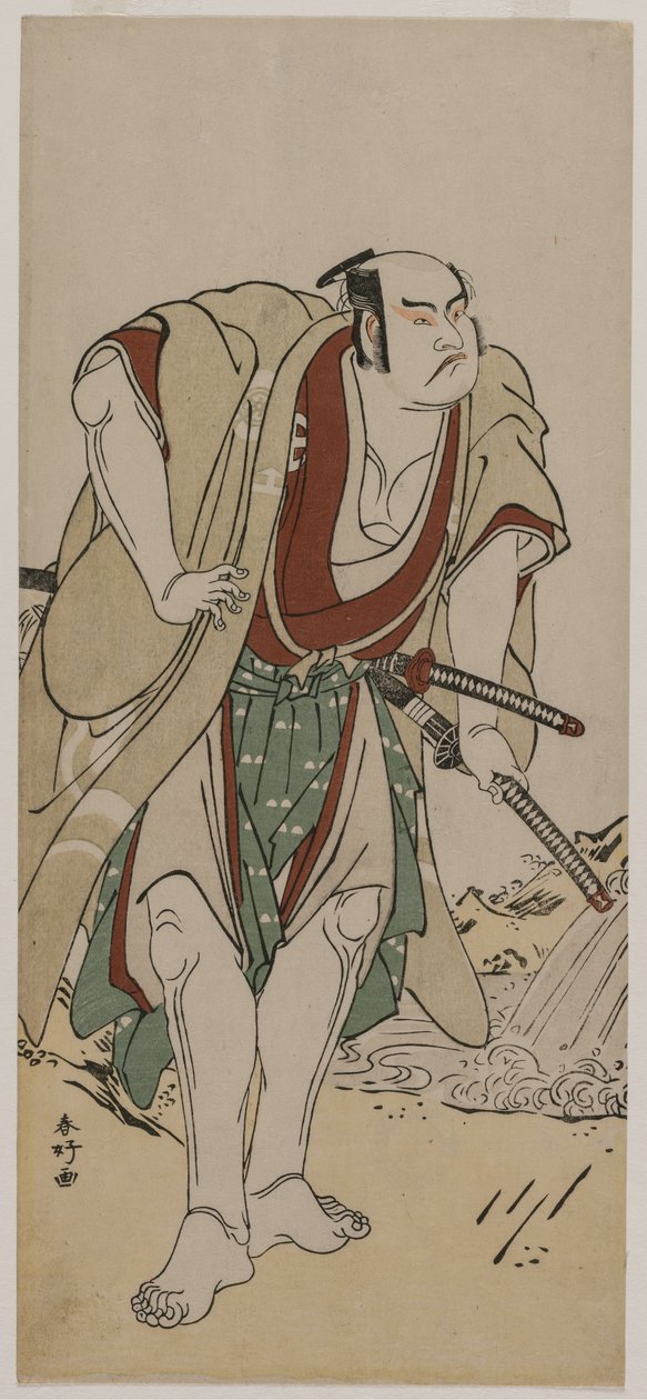 Otani Hiroji III som en samurai, der står ved siden af en strøm, ca. 1780. af Katsukawa Shunko