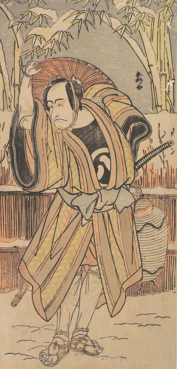 Den femte Ichikawa Danjuro som mand i vintertøj, dateret 1788. af Katsukawa Shunko