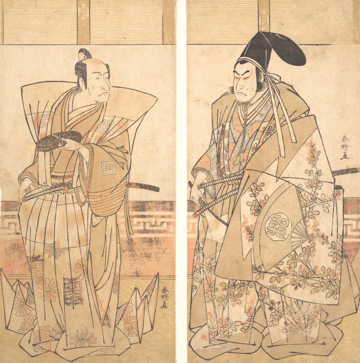 To skuespillere iklædt ceremonielle kostumer, ca. 1787. af Katsukawa Shunko