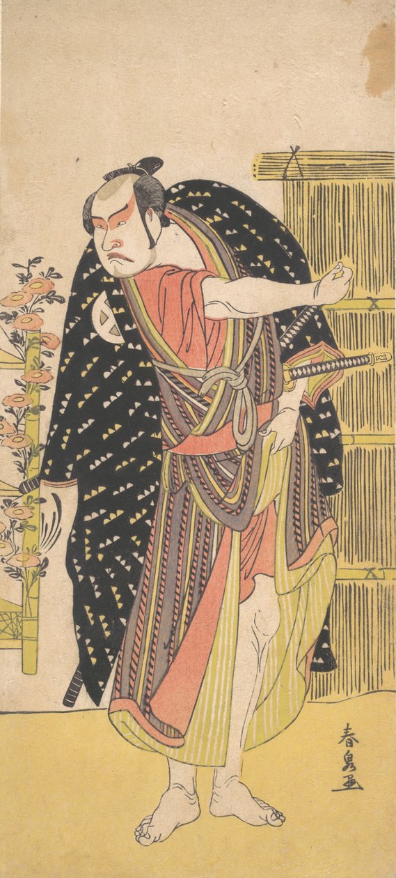 Den tredje Otani Hiroji som en samurai, der står nær et højt hegn, ca. 1785. af Katsukawa Shunsen