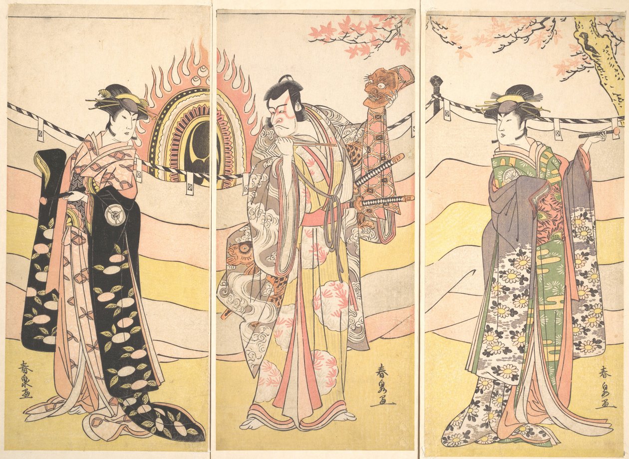 Tre skuespillere i smukke kostumer, der udfører en religiøs dans, ca. 1785. af Katsukawa Shunsen
