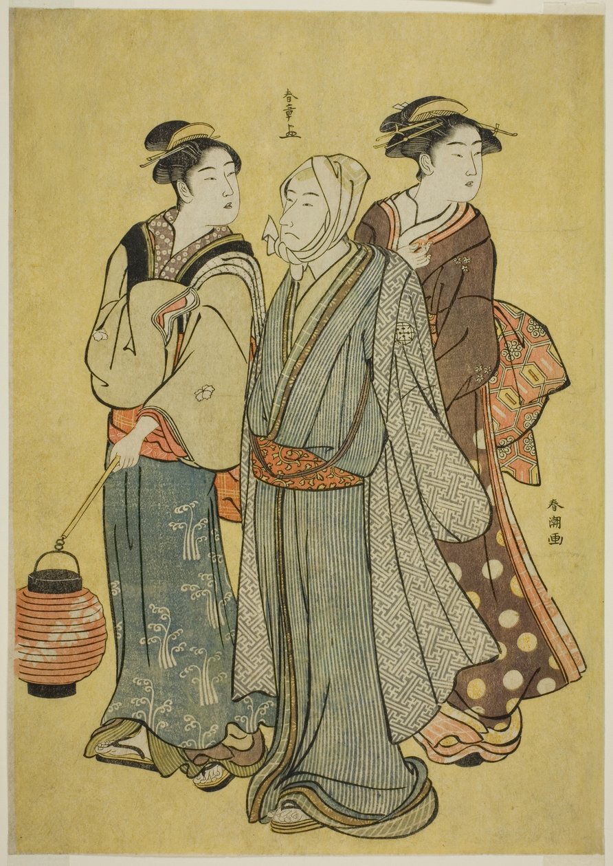 En ung mand klædt ud som en skuespiller fra Ichikawa-familien (af Shunsho), en stuepige og en geisha (af Shuncho) af Katsukawa Shunsho