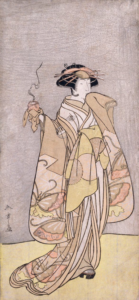 Et portræt i fuld længde af skuespilleren Ichikawa Monnosuke II i en kvinderolle med et røgelsebrænder (farvet træbloktryk) af Katsukawa Shunsho