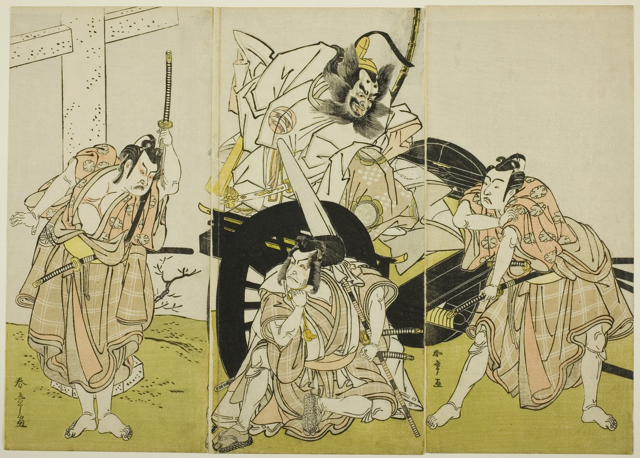 Skuespillerne Nakajima Mihoemon II som Fujiwara no Shihei, Ichikawa Ebizô III som Matsuo-maru, Ichikawa Yaozô II som Sakura-maru og Ichimura Uzaemon IX som Umeo-maru i "Sugawara