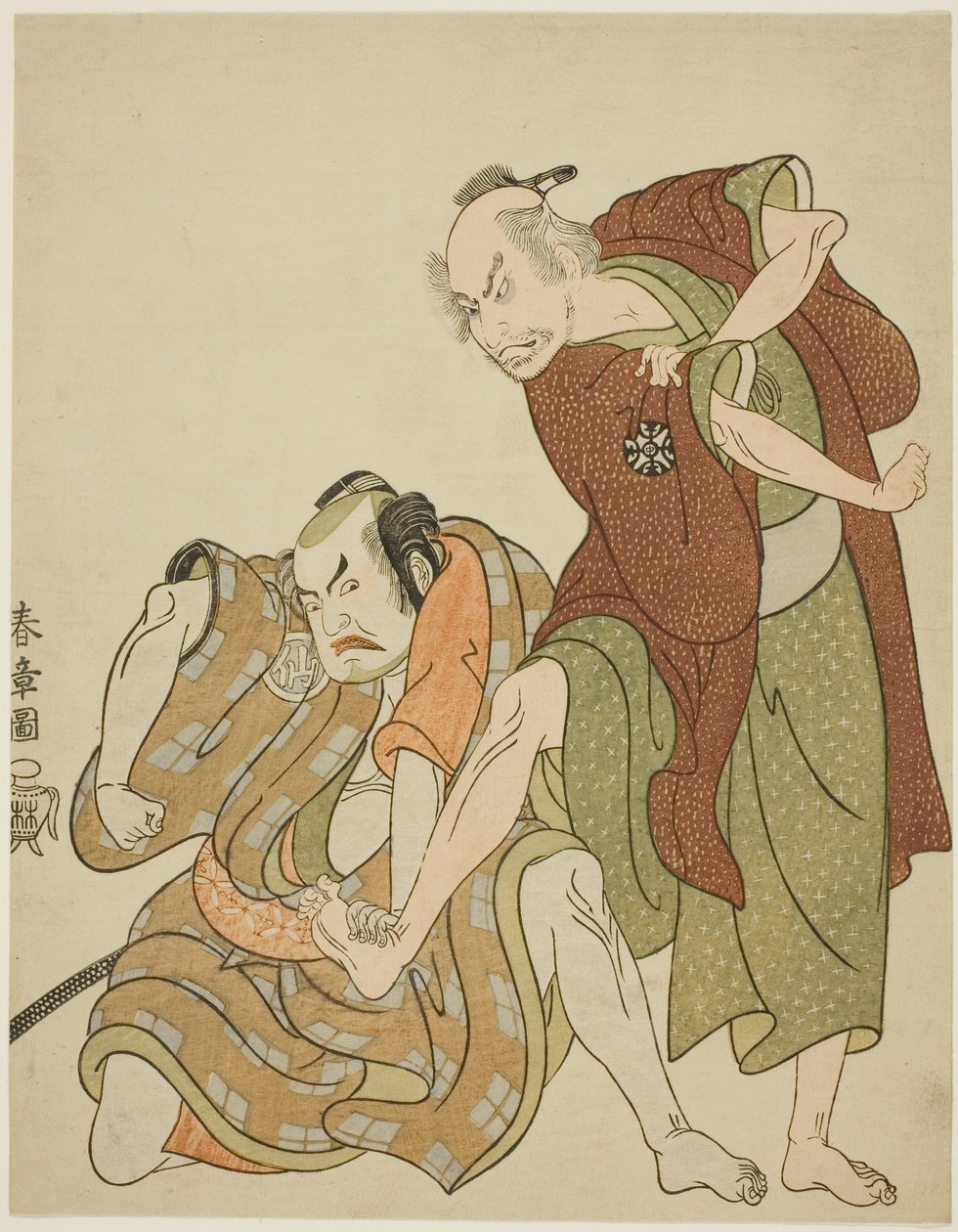 Skuespillere, der spiller rollerne som Giheiji og hans svigersøn, Danshichi Kurobei af Katsukawa Shunsho