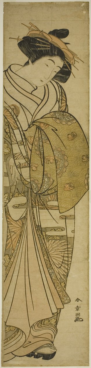 Courtesane iført en krysantemummønstret kimono af Katsukawa Shunsho