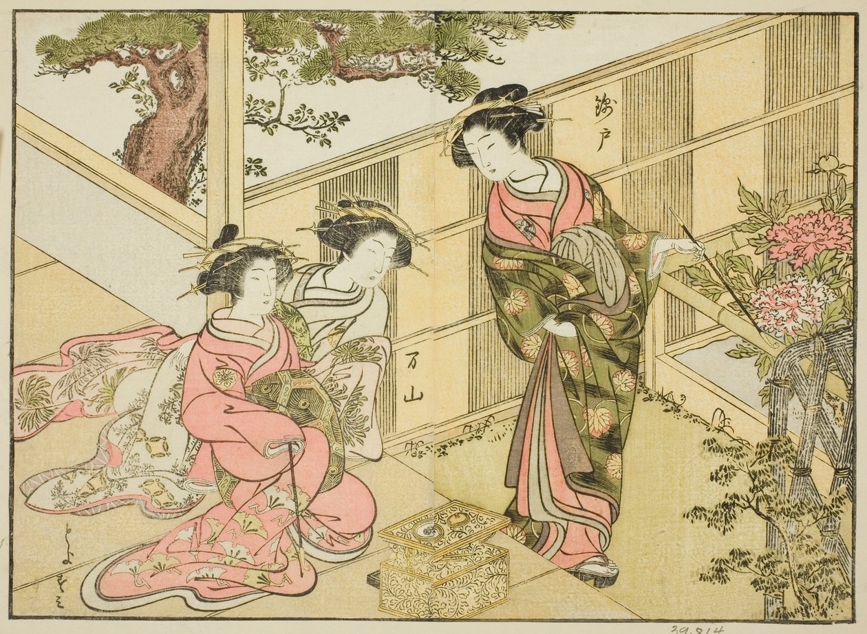 Kurtisaner fra Chojiya, fra bogen "A Comparison of Beautys of the Green Houses: A Mirror of Their Forms (Seiro bijin awase sugata kagami)," vol. 1 af Katsukawa Shunsho
