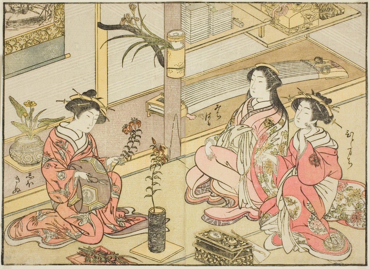 Kurtisaner fra Kadotsutaya, fra bogen "Mirror of Beautiful Women of the Pleasure Quarters (Seiro bijin awase sugata kagami)," vol. 1 af Katsukawa Shunsho