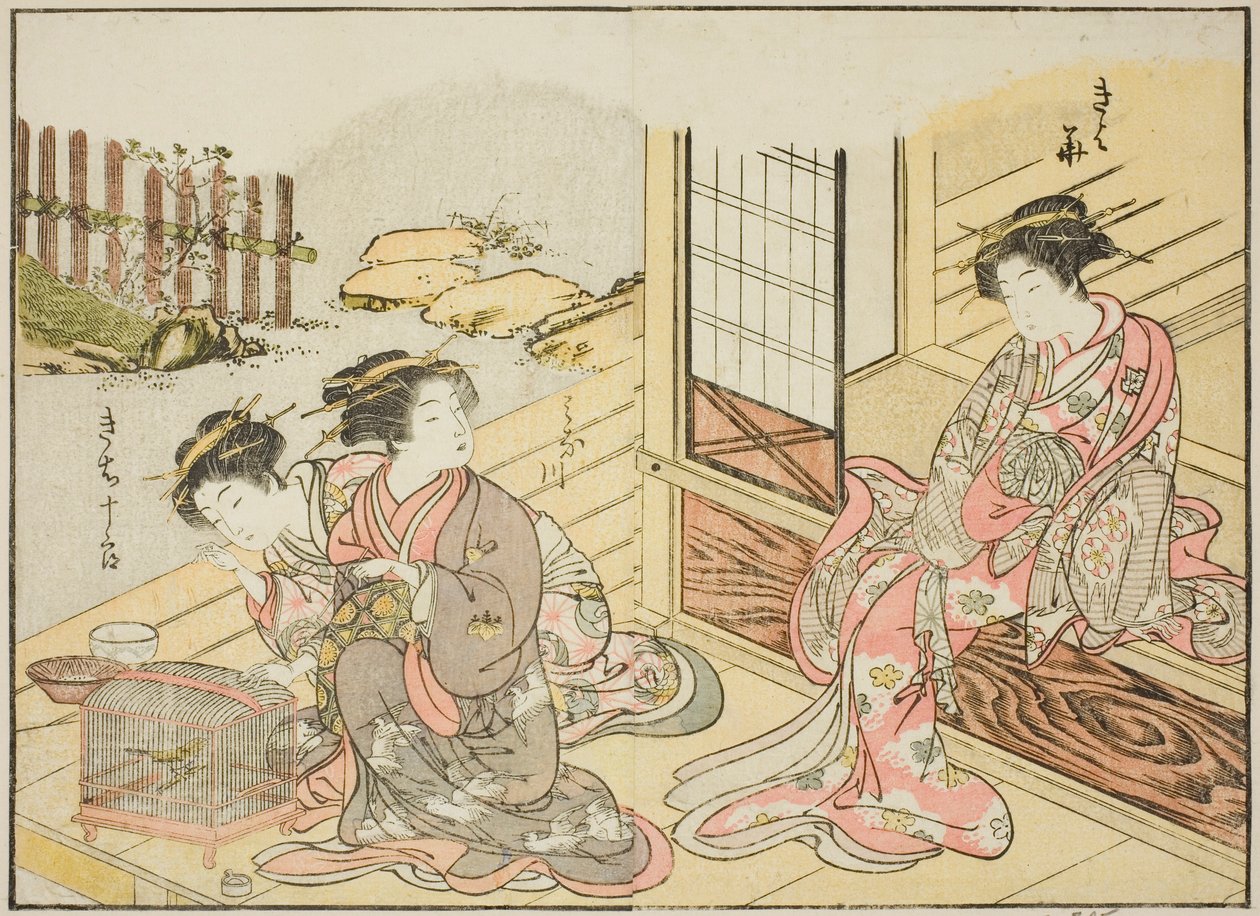 Kurtisaner fra Kagemanjiya, fra bogen "Mirror of Beautiful Women of the Pleasure Quarters (Seiro bijin awase sugata kagami)," vol. 1 af Katsukawa Shunsho