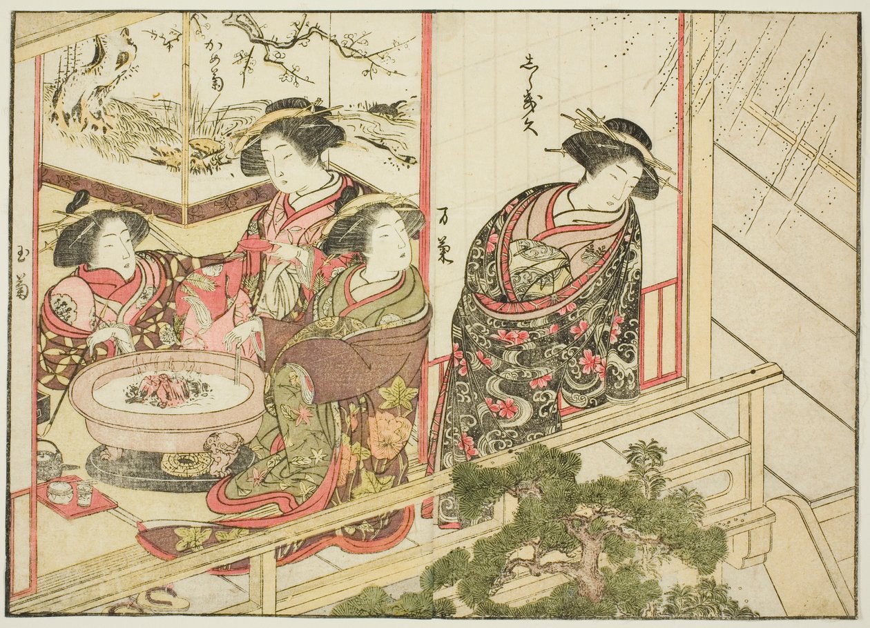 Kurtisaner fra Kiribishiya, fra bogen "Mirror of Beautiful Women of the Pleasure Quarters (Seiro bijin awase sugata kagami)," vol. 2 af Katsukawa Shunsho
