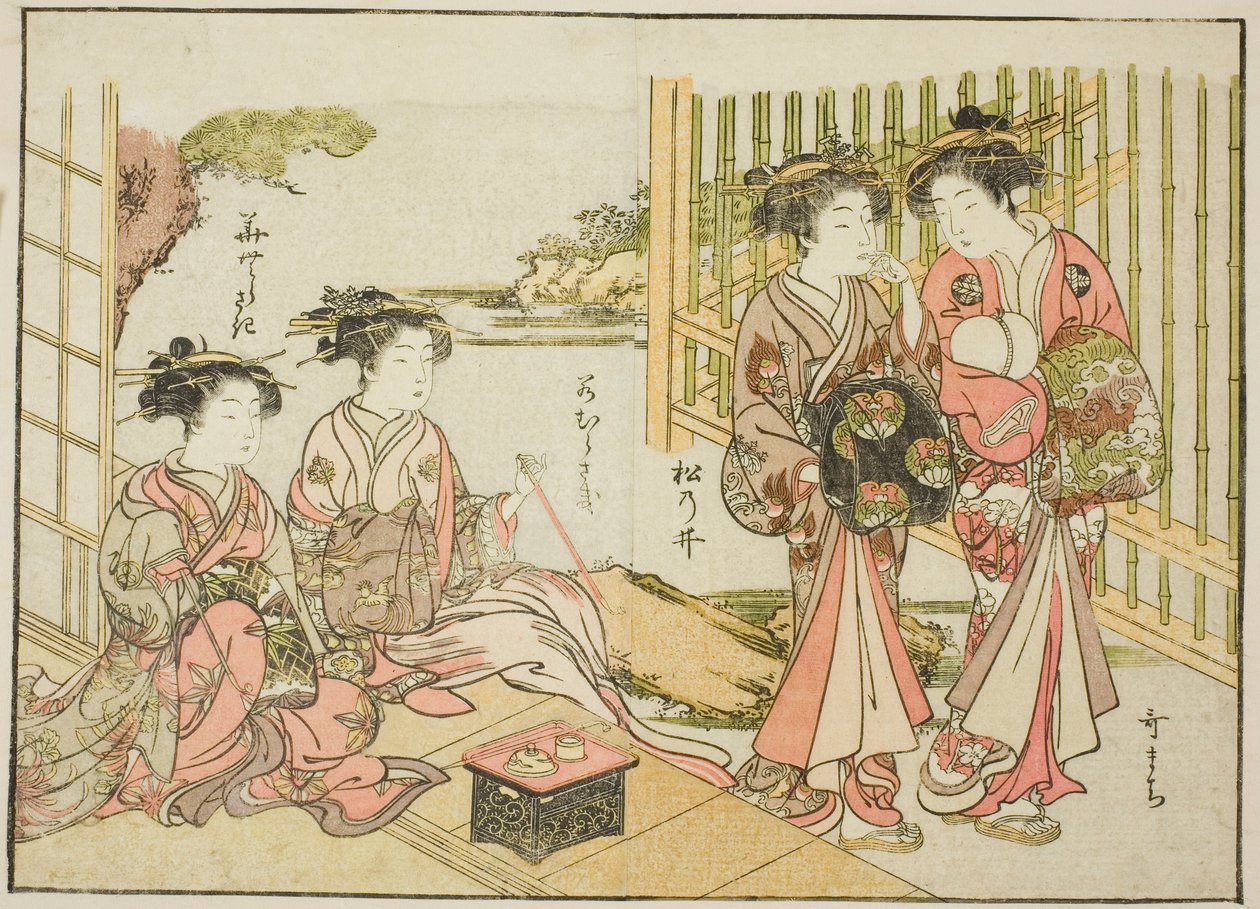 Courtesans of the Matsubaya, fra bogen "Mirror of Beautiful Women of the Pleasure Quarters (Seiro bijin awase sugata kagami)," vol. 1 af Katsukawa Shunsho
