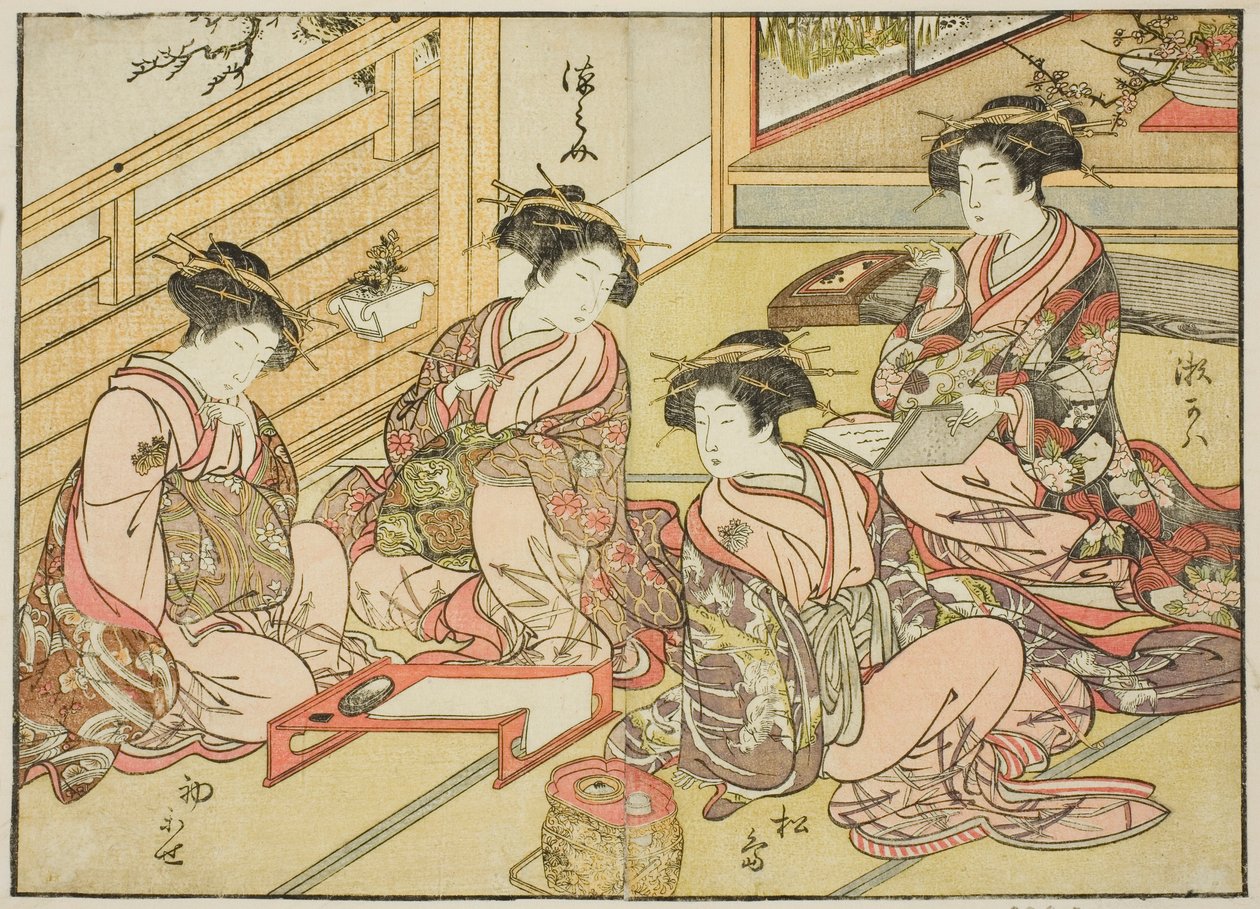 Courtesans of the Matsubaya, fra bogen "Mirror of Beautiful Women of the Pleasure Quarters (Seiro bijin awase sugata kagami)," vol. 1 af Katsukawa Shunsho