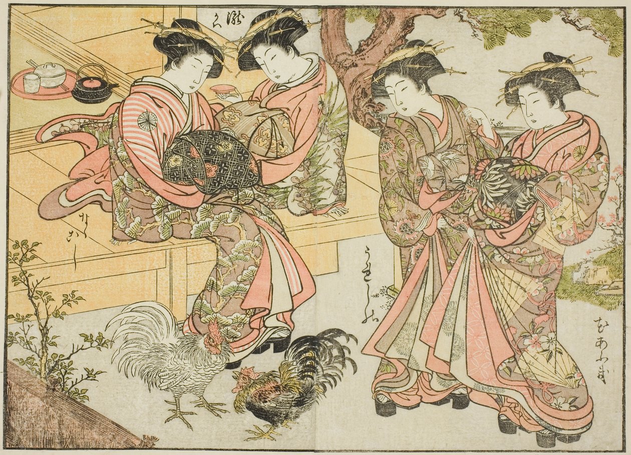 Courtesans of the Ogiya, fra bogen "Mirror of Beautiful Women of the Pleasure Quarters (Seiro bijin awase sugata kagami)," vol. 1 af Katsukawa Shunsho