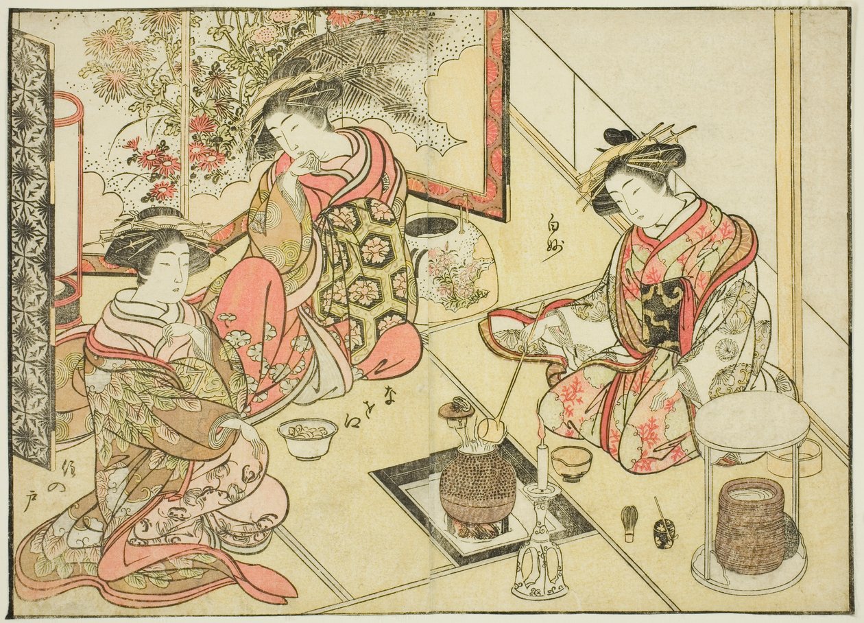 Courtesans of the Okaneya, fra bogen "Mirror of Beautiful Women of the Pleasure Quarters (Seiro bijin awase sugata kagami)," vol. 2 af Katsukawa Shunsho