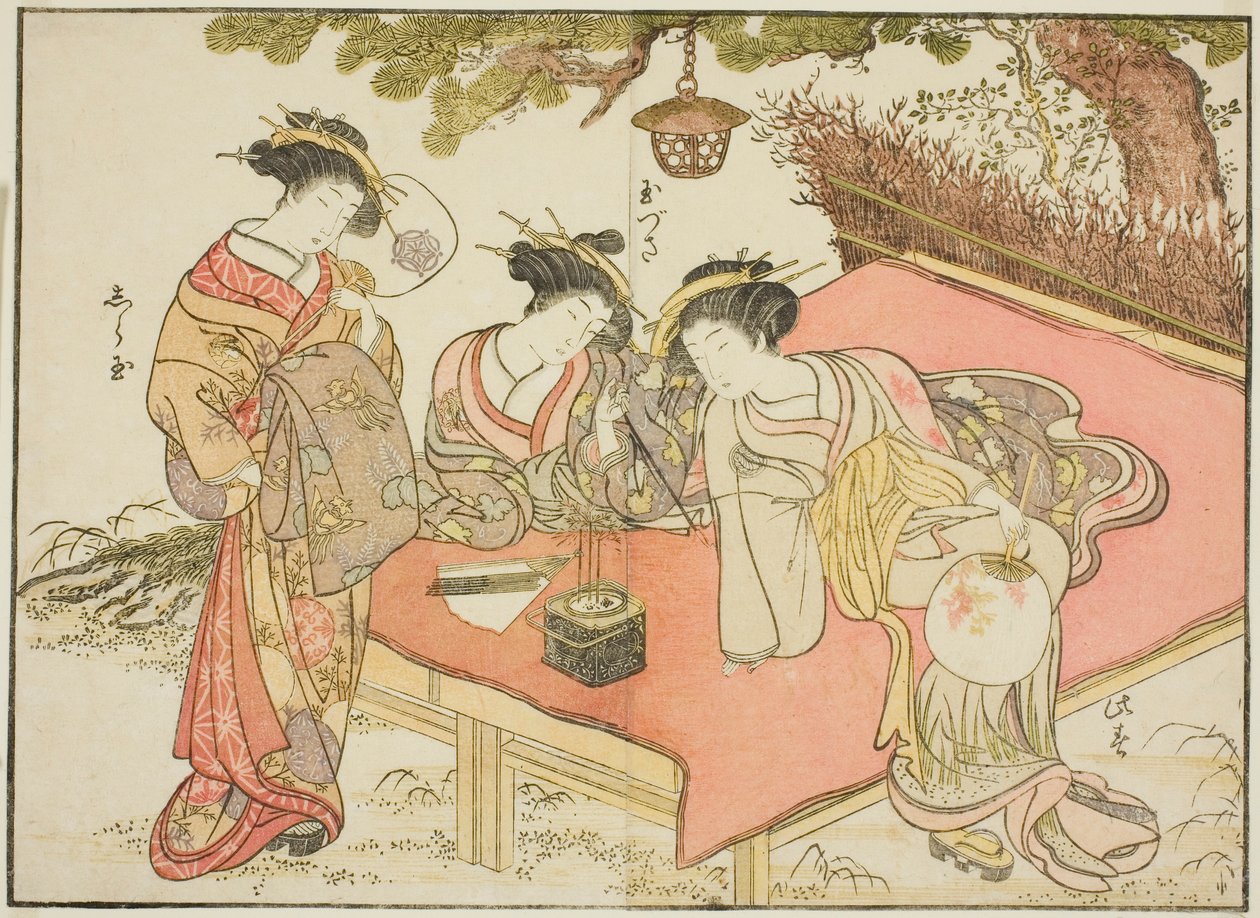 Kurtisaner fra Yadaya, fra bogen "Mirror of Beautiful Women of the Pleasure Quarters (Seiro bijin awase sugata kagami)," vol. 1 af Katsukawa Shunsho