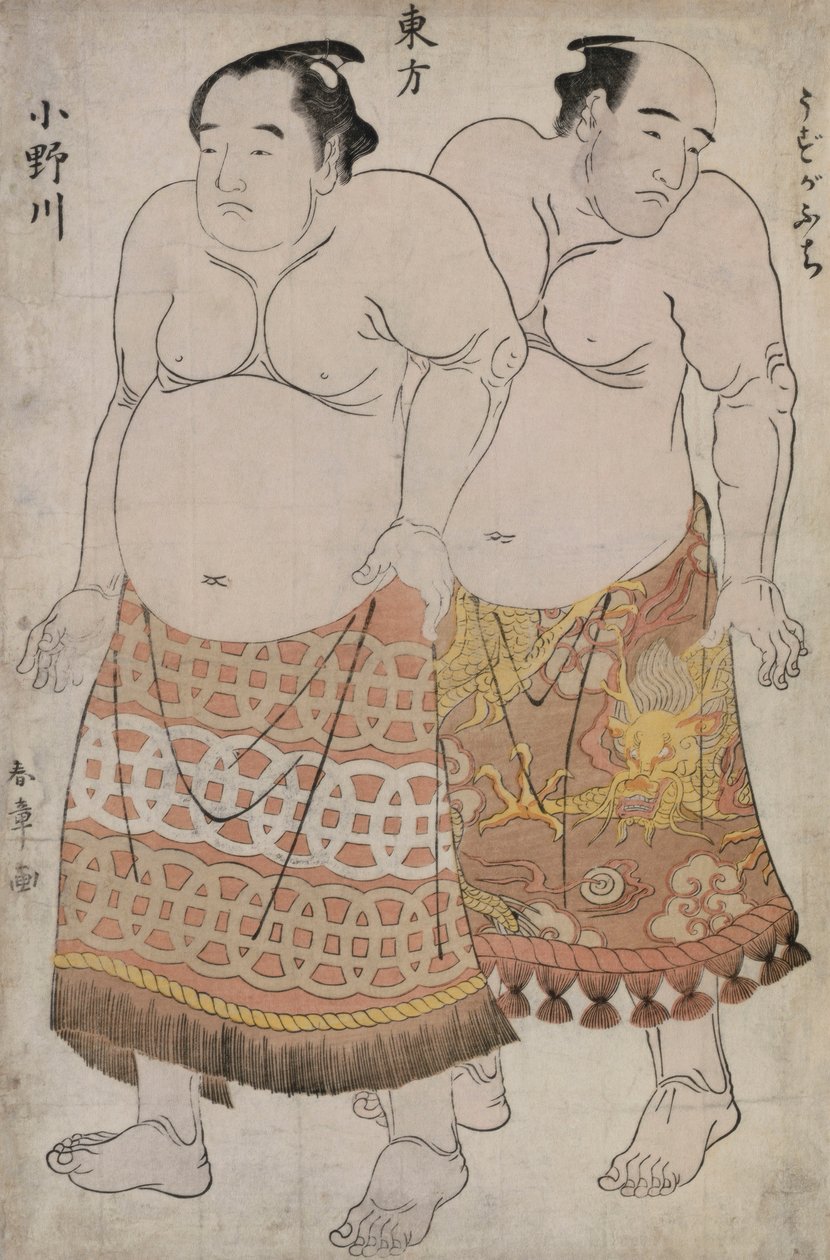 Portrætter i fuld længde af wrestlers of the Eastern Group, forestillende Uzugafuchi og Onagawa (træblok i farver) af Katsukawa Shunsho