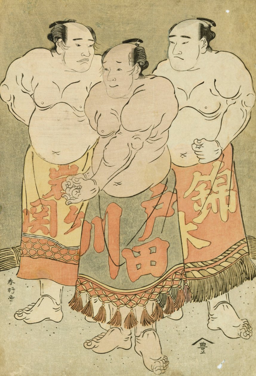 Portrætter i fuld længde af wrestlerne Nishikigi, Todagawa og Iwagaseki, der præsenterer sig selv i ringen (træblok i farver) af Katsukawa Shunsho