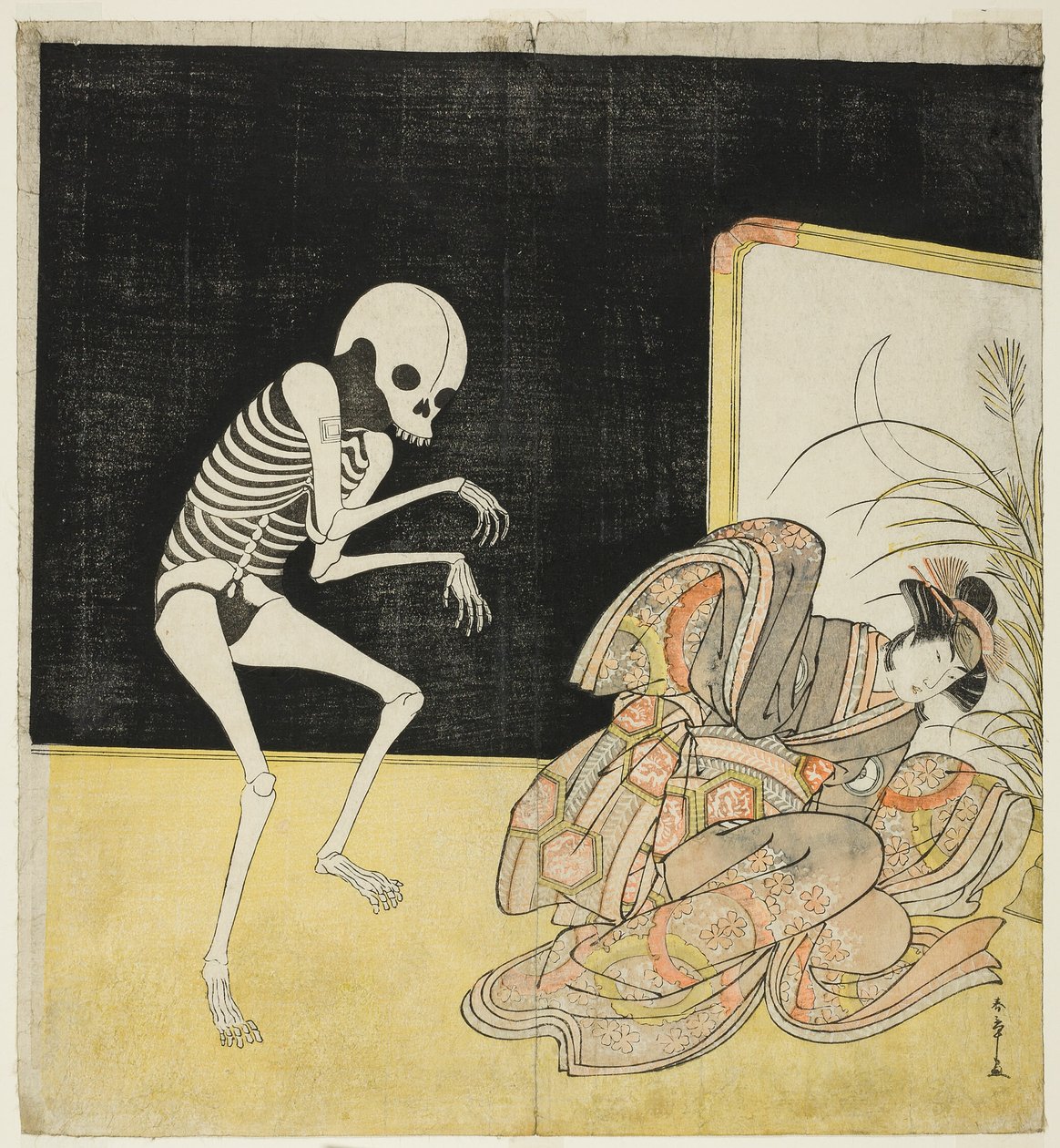 Ichikawa Danjūrō V som skelet, den frafaldne munk Seigens ånd, og Iwai Hanshirō IV som kirsebærprinsessen i "Blomsten fra Edo: An Ichikawa Saga" (Edo no Hana Mimasu Soga). af Katsukawa Shunsho
