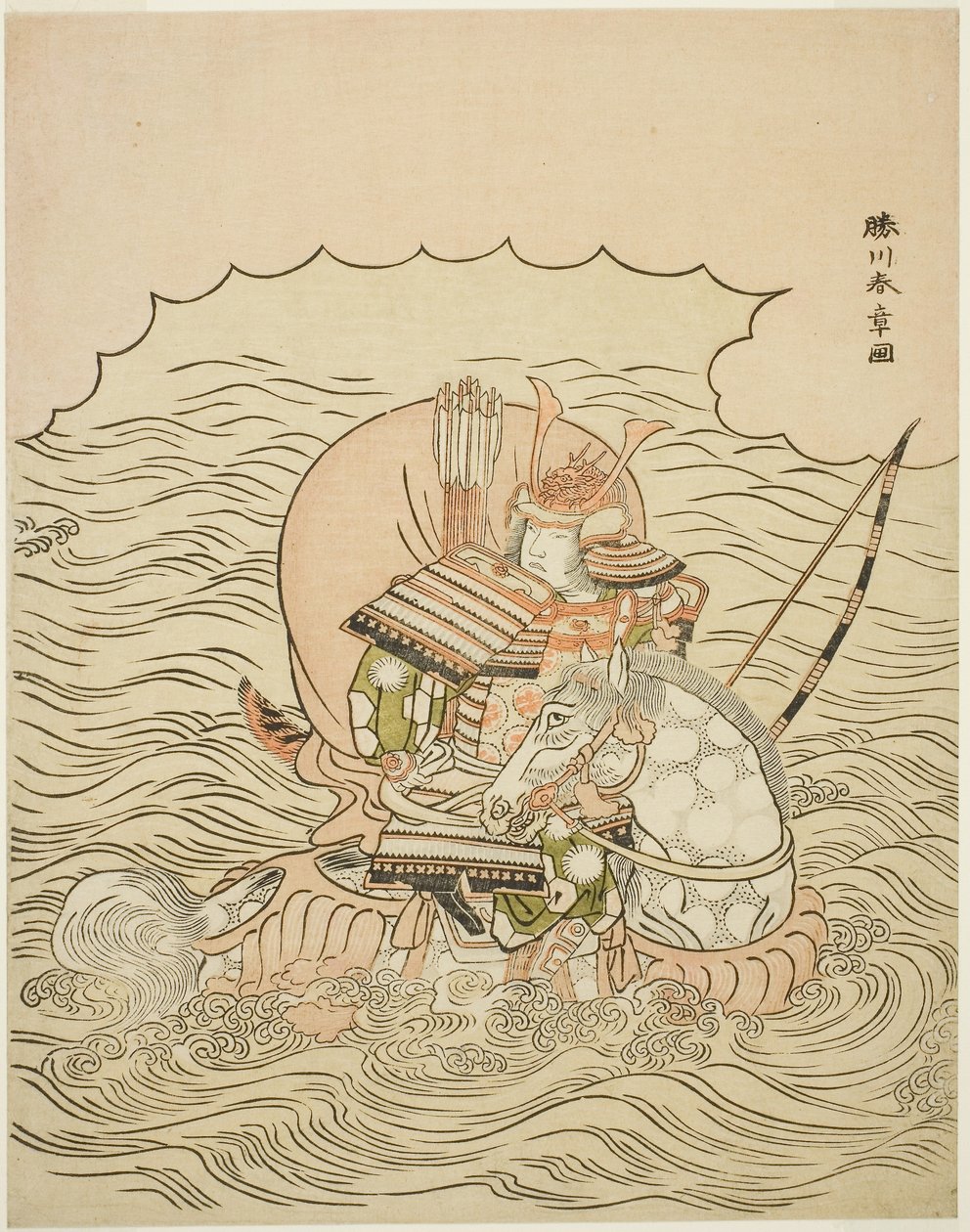 Taira no Atsumori Riding a Horse into the Sea, ca. 1770 (farvet træbloktryk; chuban) af Katsukawa Shunsho
