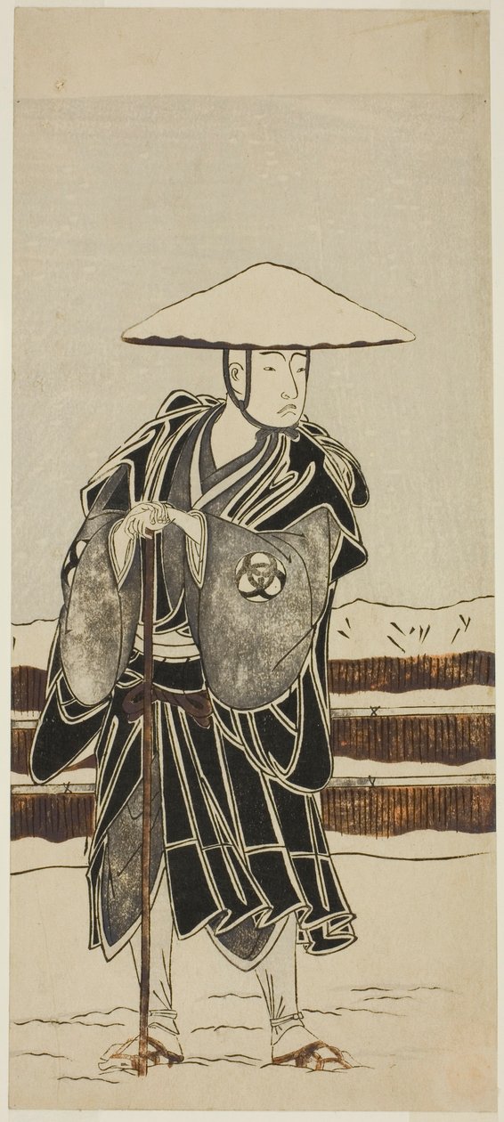 Skuespilleren Bando Mitsugoro I som abbed Saimyo-ji Tokiyori, forklædt som en munk, i Joruri "Onna Hachi no Ki" (en kvindelig version af "The Potted Trees") fra anden del af stykket Onna Aruji Hatsuyuki no Sekai (A Woman as Master: The World of the First S af Katsukawa Shunsho