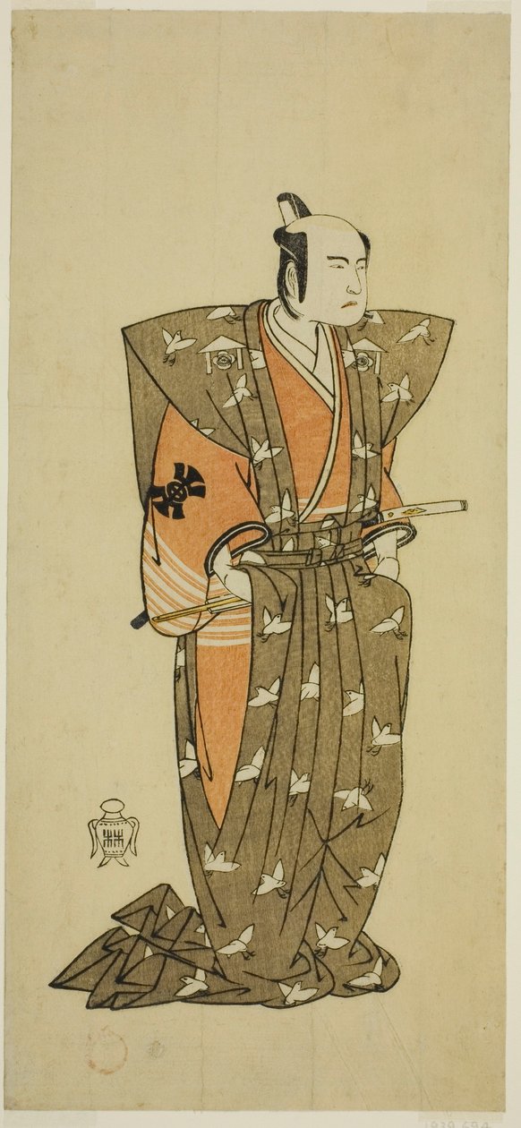 Skuespilleren Bando Mitsugoro I som Soga no Juro Sukenari (?) i skuespillet Shuen Soga Omugaeshi (?), opført på Ichimura Theatre (?) i den anden måned, 1768 (?) af Katsukawa Shunsho