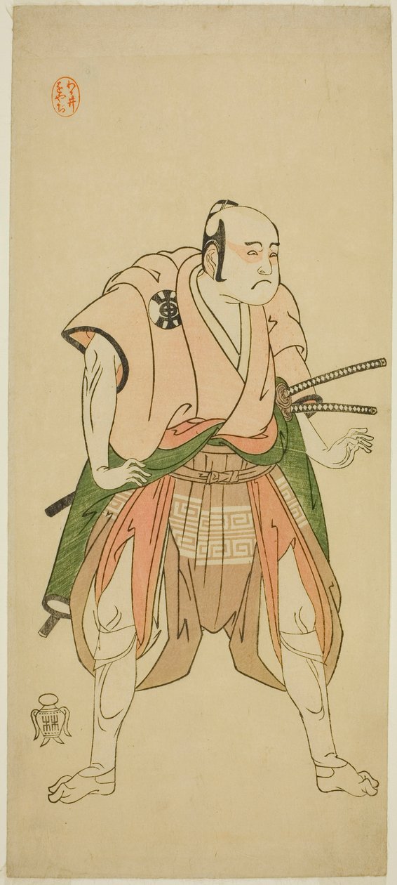 Skuespilleren Bando Sampachi I som Yawata no Saburo (?) i skuespillet Shuen Soga Omugaeshi (?), opført på Ichimura Theatre (?) i den anden måned, 1768 (?) af Katsukawa Shunsho