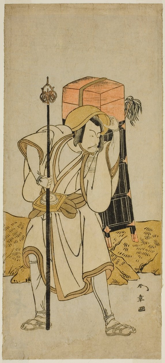 Skuespilleren Ichikawa Danjuro V som Moriya no Daijin Forklædt som Rokuju-rokubu i skuespillet Miya-bashira Iwao no Butai, opført på Morita Theatre i den syvende måned, 1773 af Katsukawa Shunsho